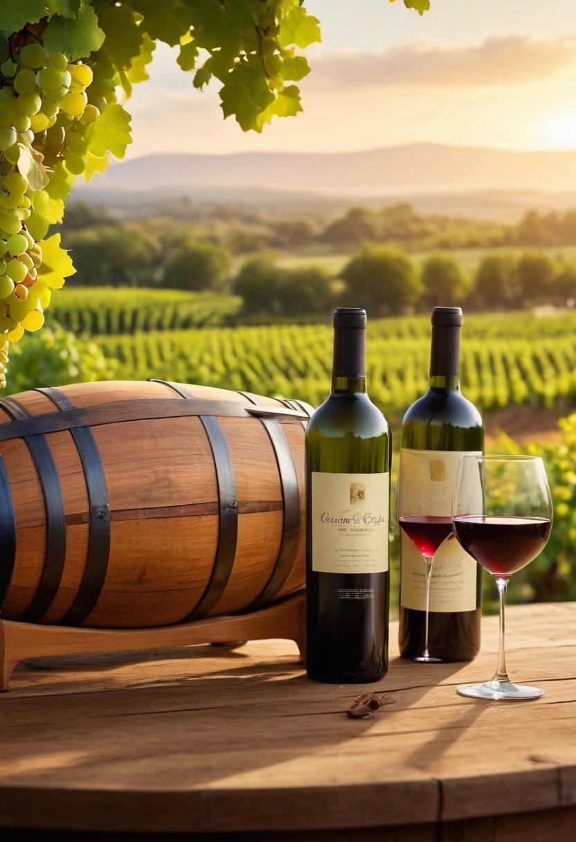 A beautifully arranged wooden table showcasing a selection of artisanal wines, with elegantly designed labels and handcrafted glasses catching the light. Include lush green grapevines in the background and a soft sunset casting warm hues over the scene. Elements of a vineyard like barrels and grape clusters can be subtly incorporated. super-realistic. vibrant colors. warm lighting.