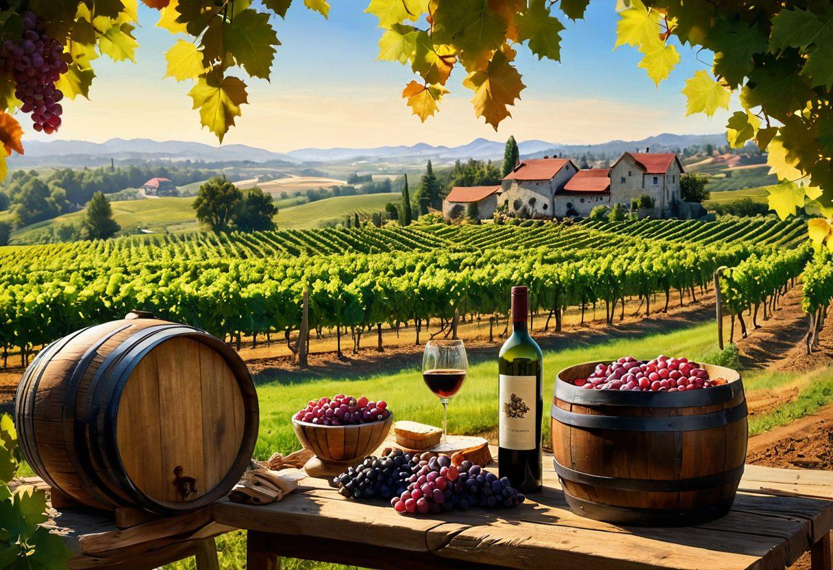 A sun-drenched vineyard with rows of lush grapevines, showcasing ripe grapes ready for harvest, a rustic winery in the background, and a cheerful group of diverse wine enthusiasts enjoying a tasting experience. Include a wooden wine barrel and glasses filled with red and white wine on a table, evoking a sense of adventure and warmth. bright colors. realistic style.