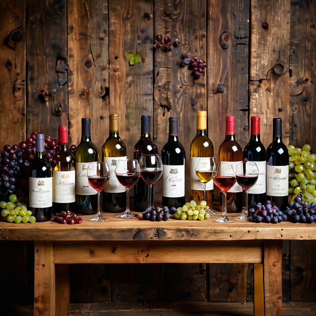 A beautifully arranged wine tasting table with an assortment of wine glasses filled with different colors of wine, surrounded by various wine bottles showcasing labels from around the world. Include lush grapes, a rustic wooden backdrop, and a subtle hint of vineyards in the distance. The scene captures the essence of exploration and artistry in winemaking. super-realistic. vibrant colors. soft natural lighting.